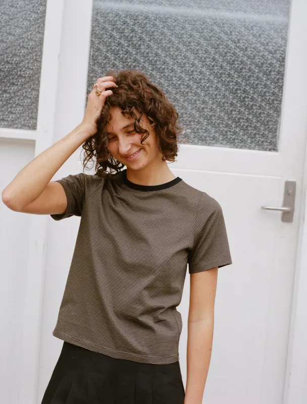 Jim Olive Stripe Organic Cotton T sold by Caves Collect