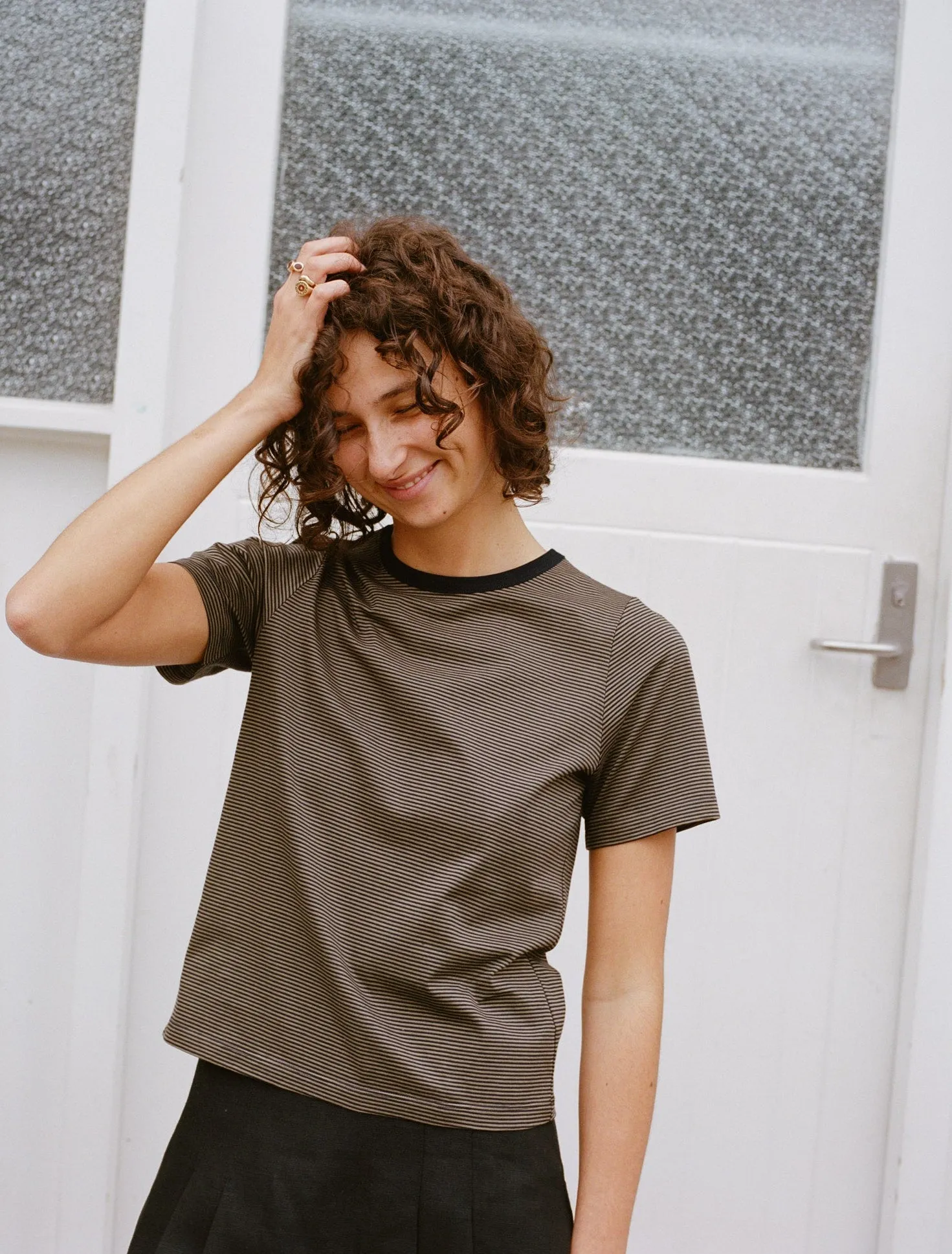 Jim Olive Stripe Organic Cotton T sold by Caves Collect