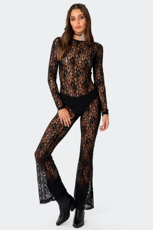 Let It B Sheer Lace Open Back Jumpsuit sold by Edikted