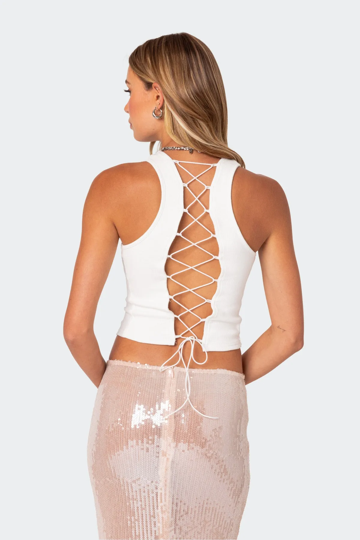 Koko Ribbed Lace Up Tank Top sold by Edikted product image thumbnail 4