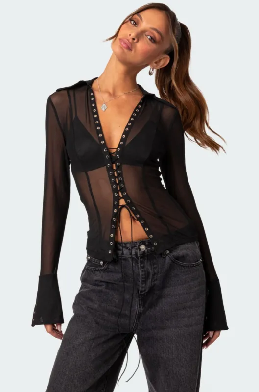 Lace Up Sheer Mesh Top sold by Edikted