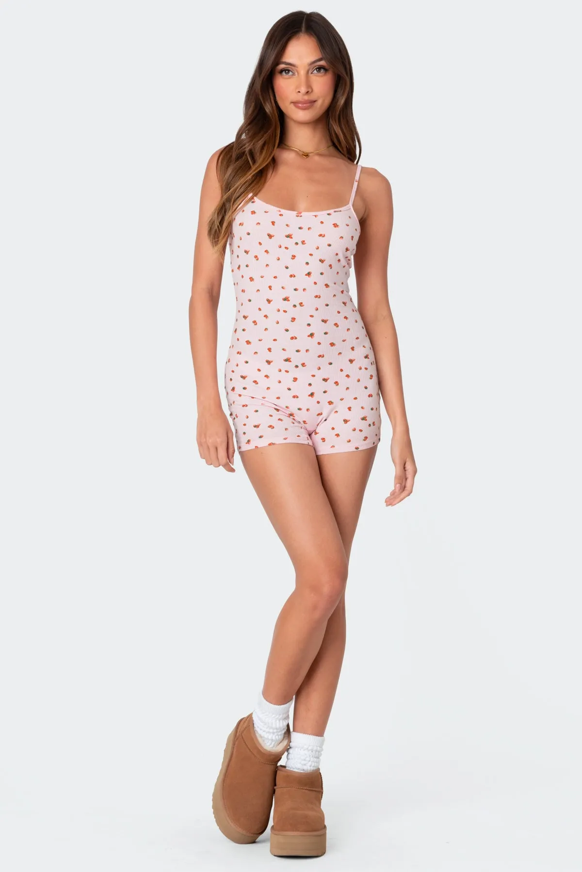 Strawberry Girl Printed Romper sold by Edikted