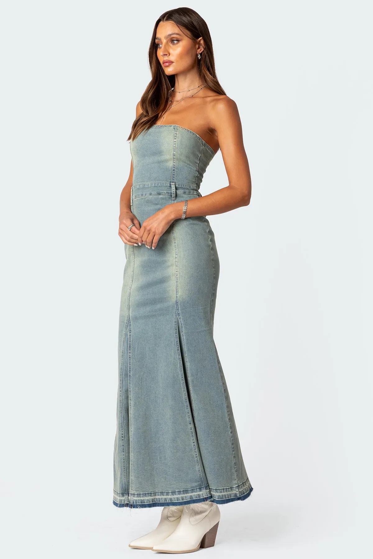 Astoria Slitted Denim Maxi Dress sold by Edikted product image thumbnail 5