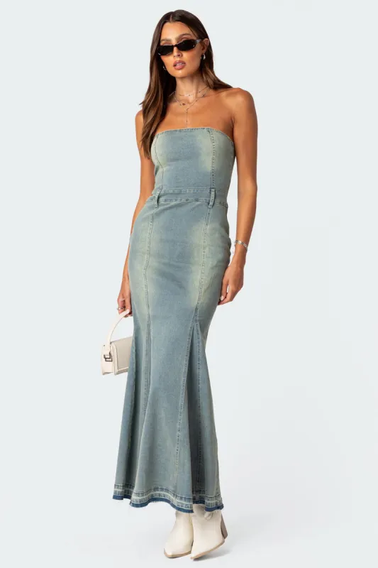Astoria Slitted Denim Maxi Dress sold by Edikted