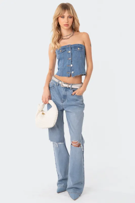 River Denim Strapless Top sold by Edikted