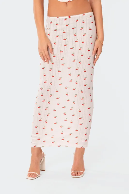 Cherry Low Rise Pointelle Maxi Skirt made by Edikted
