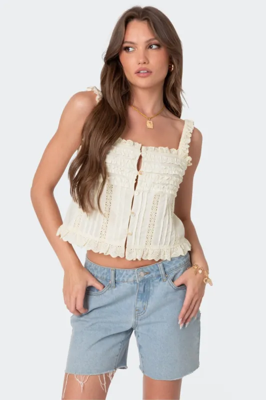 Hera Button Front Ruffled Top sold by Edikted