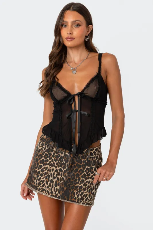 Ribbon Tie Sheer Mesh Top sold by Edikted