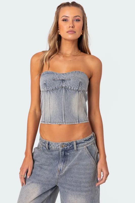 Myla Washed Denim Corset sold by Edikted