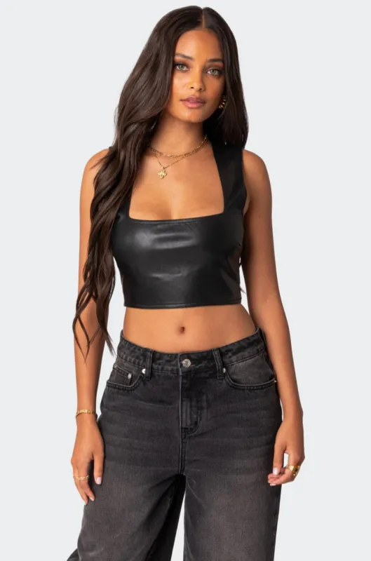 Crescent Faux Leather Crop Top sold by Edikted