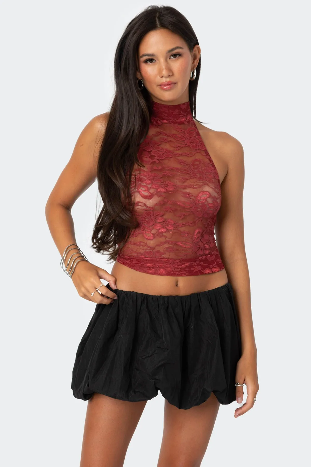 Alena High Neck Sheer Lace Top sold by Edikted