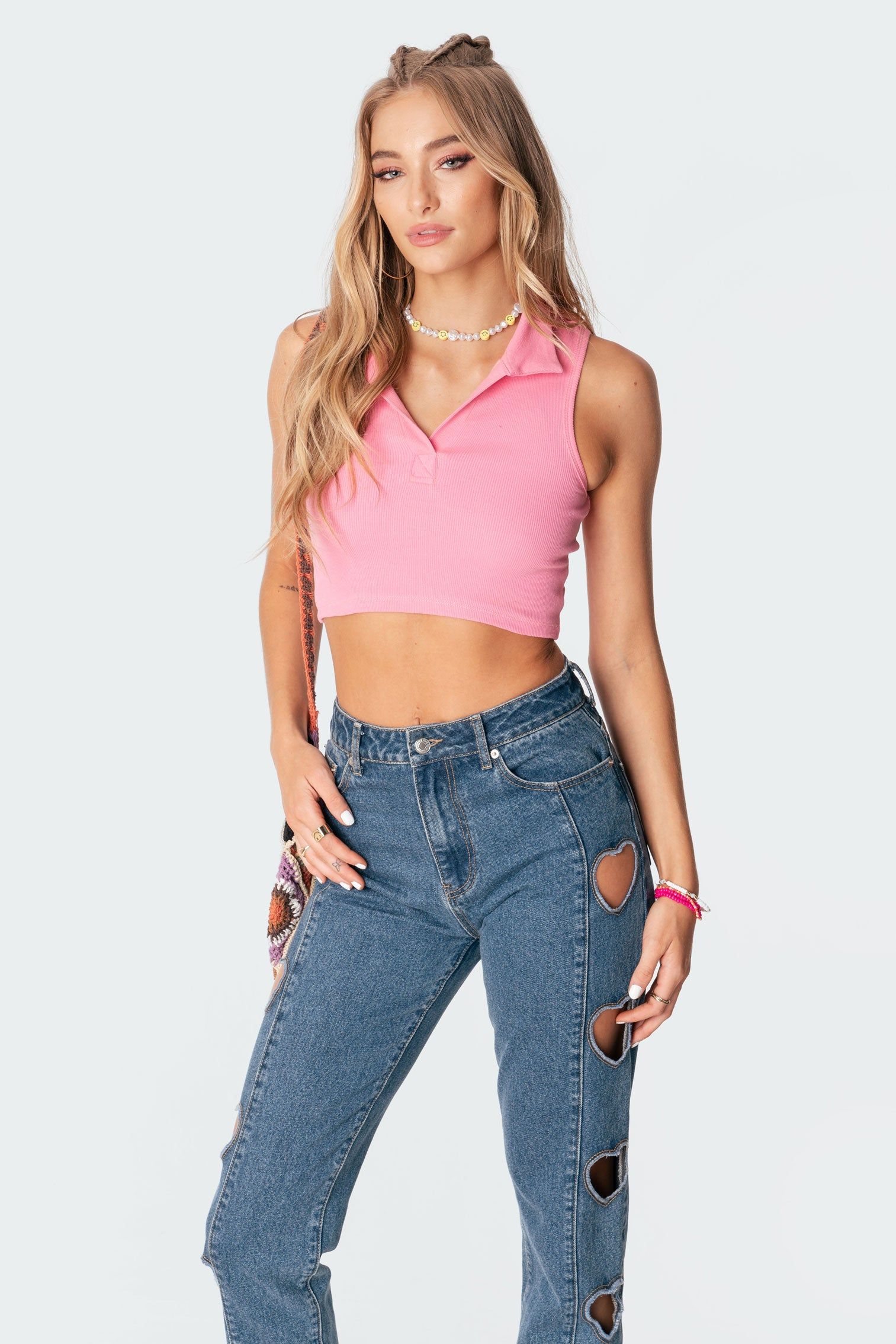 Riley Ribbed Collared Crop Top sold by Edikted
