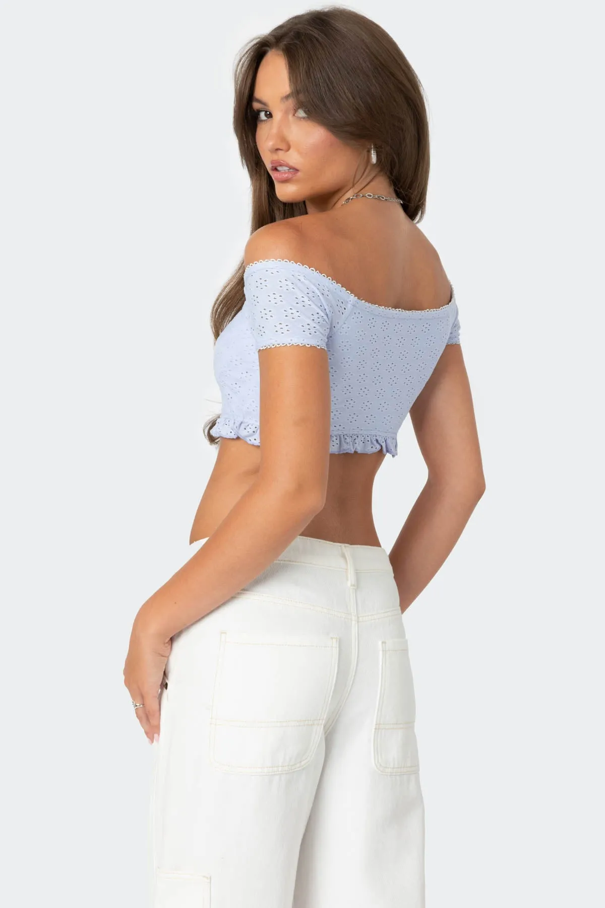 Off Shoulder Eyelet Crop Top sold by Edikted product image thumbnail 5