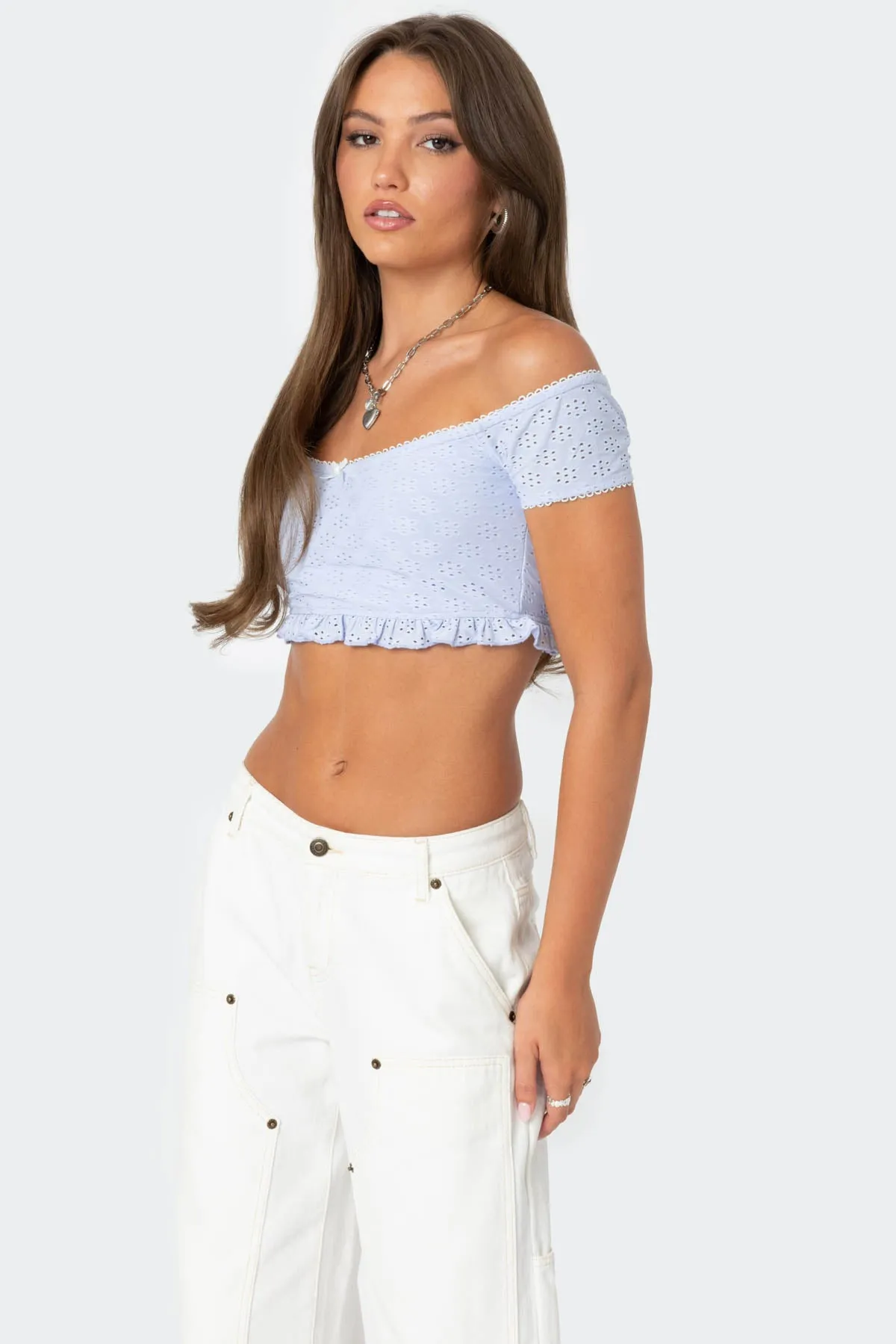 Off Shoulder Eyelet Crop Top sold by Edikted product image thumbnail 3