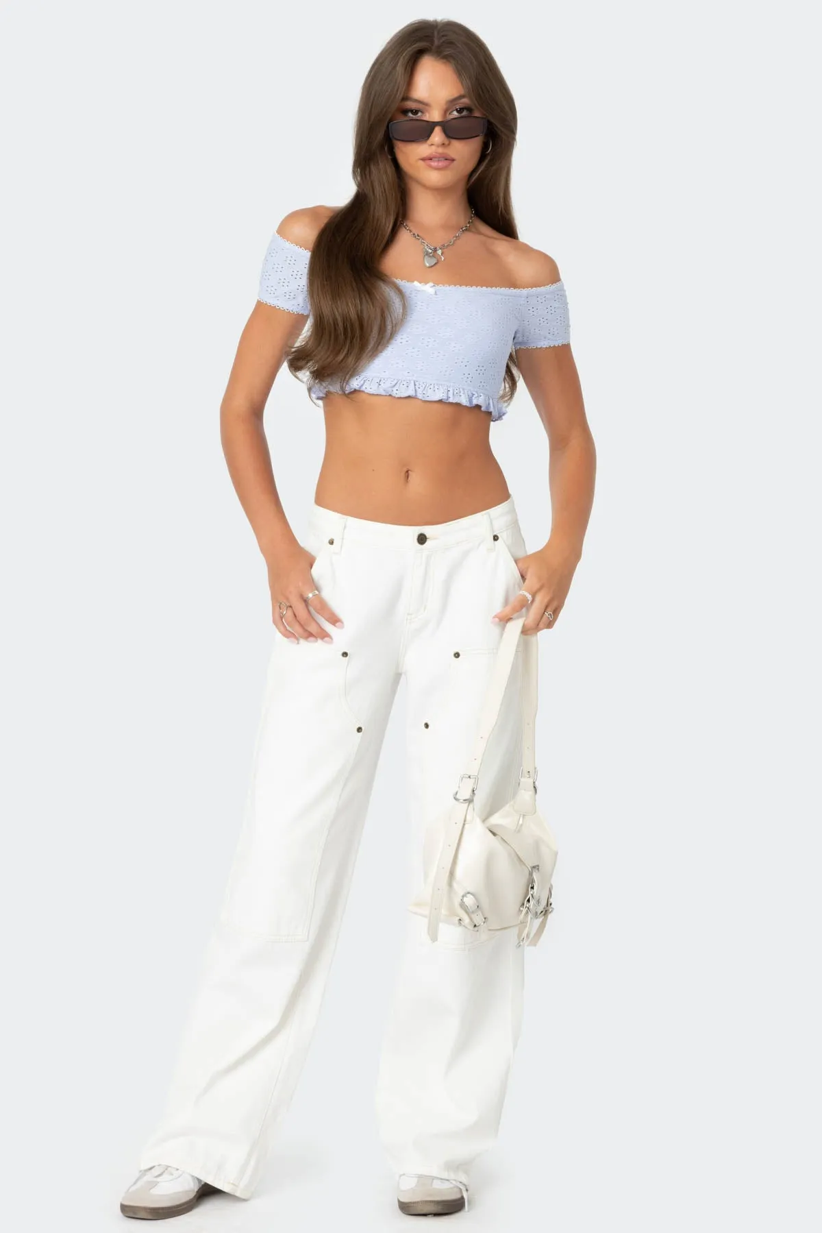 Off Shoulder Eyelet Crop Top sold by Edikted product image thumbnail 4