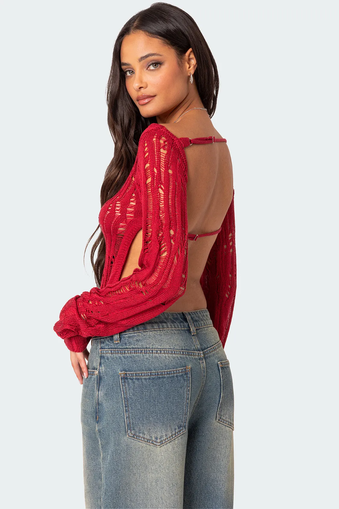 Rosa Open Back Sheer Knit Top sold by Edikted