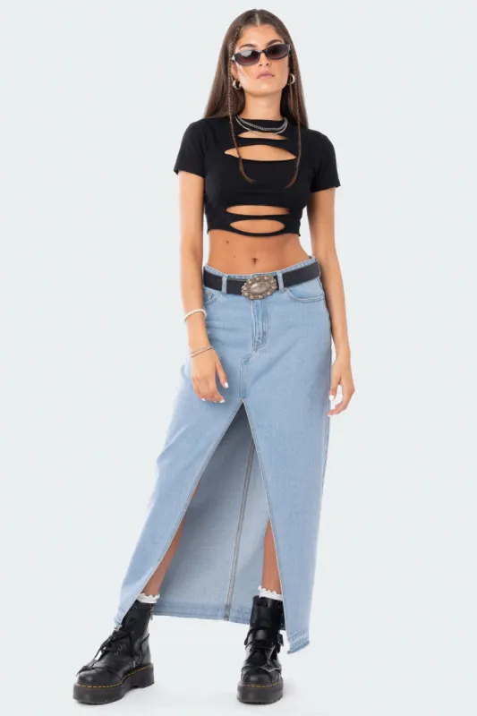 Front Slit Maxi Denim Skirt sold by Edikted