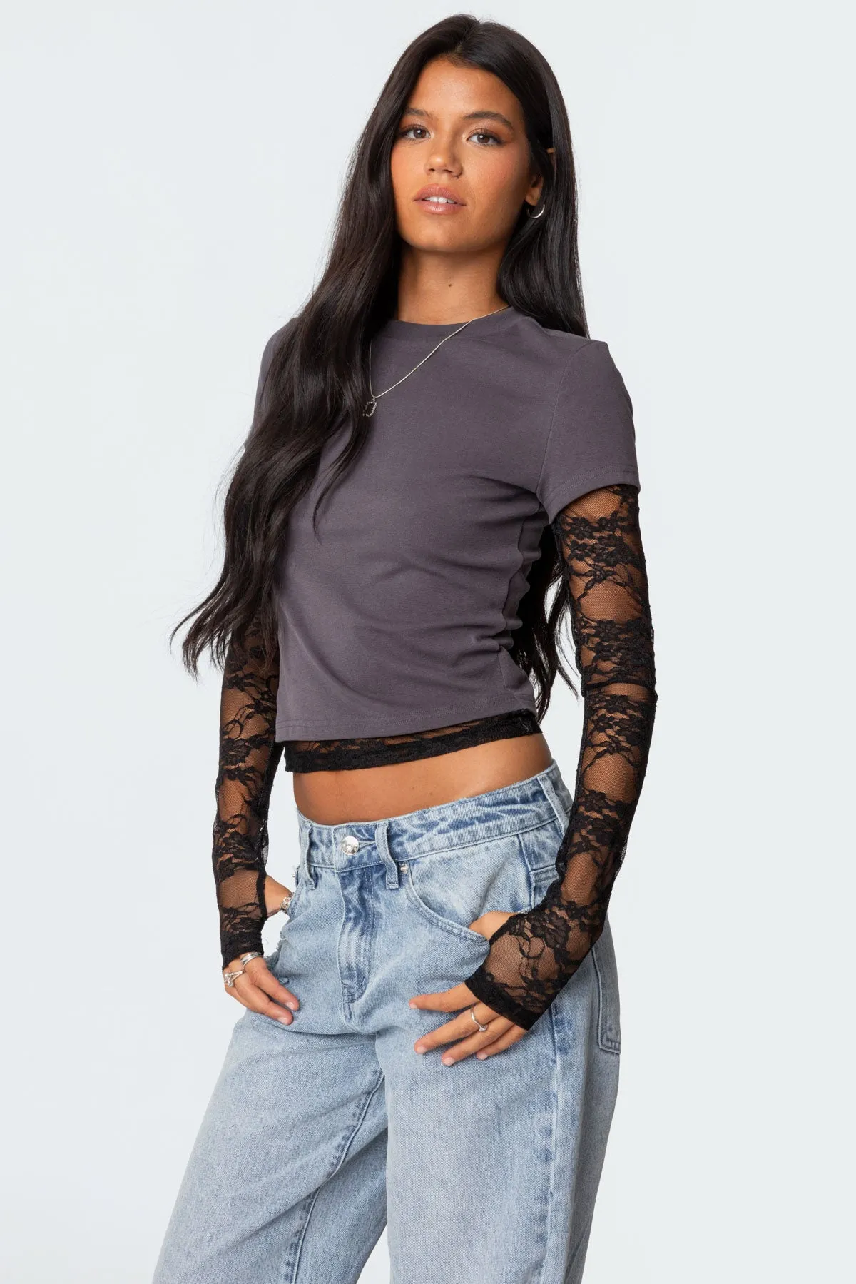 Layered Lace Sleeve T Shirt sold by Edikted product image thumbnail 3