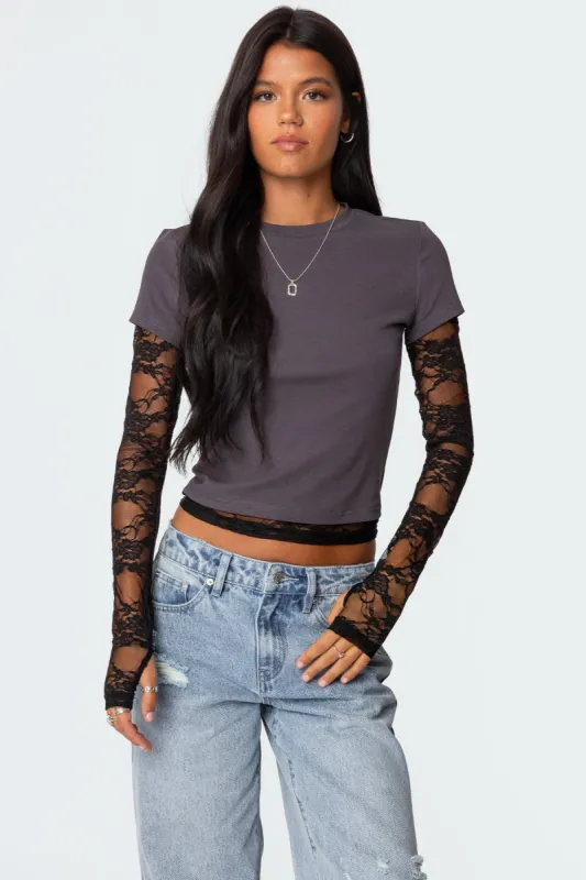 Layered Lace Sleeve T Shirt sold by Edikted