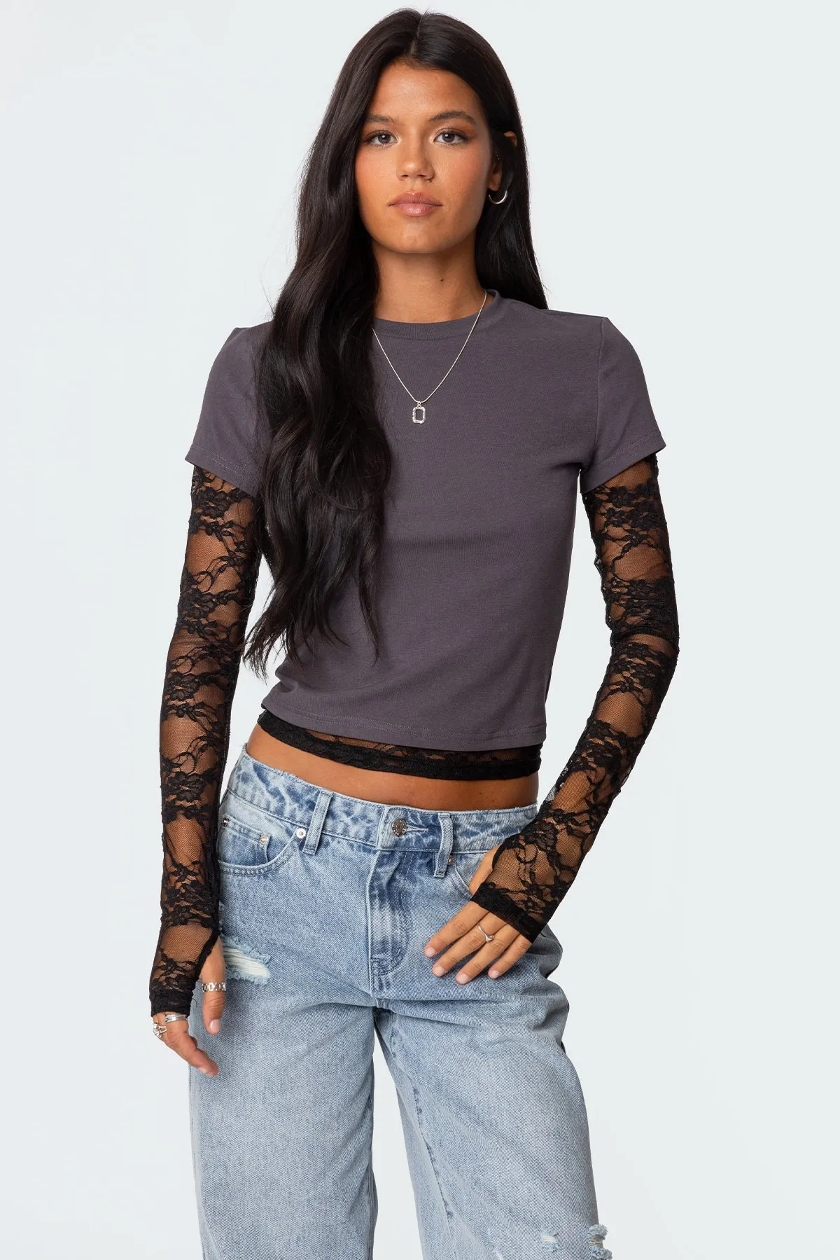 Layered Lace Sleeve T Shirt sold by Edikted
