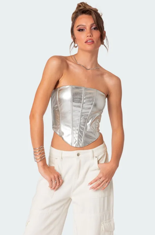 Mabel Metallic Faux Leather Corset sold by Edikted
