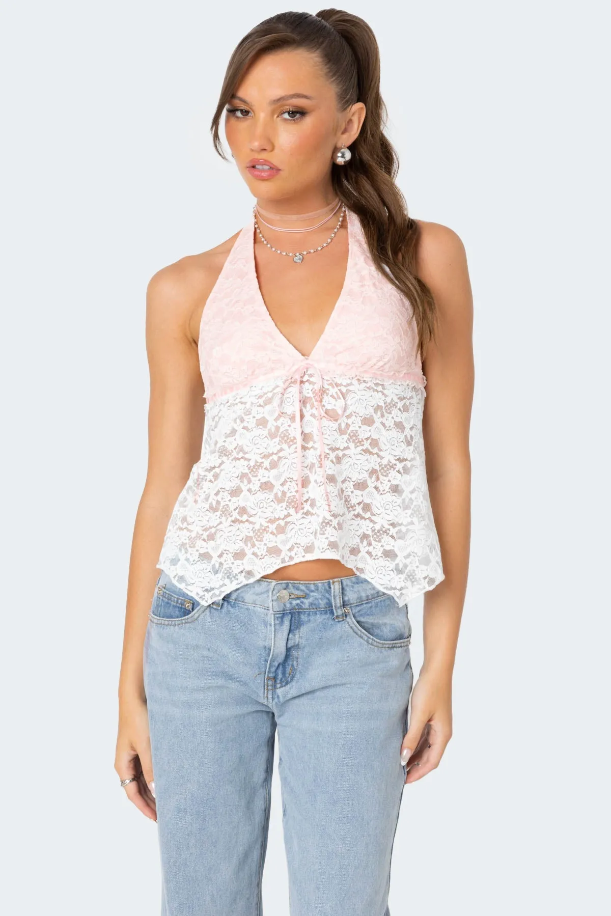 Esme Sheer Lace Halter Top sold by Edikted