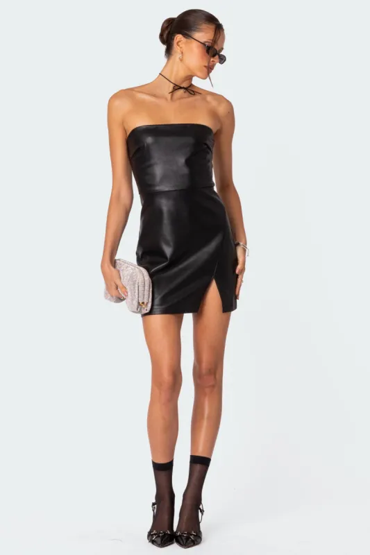 Moon Sign Faux Leather Mini Dress sold by Edikted