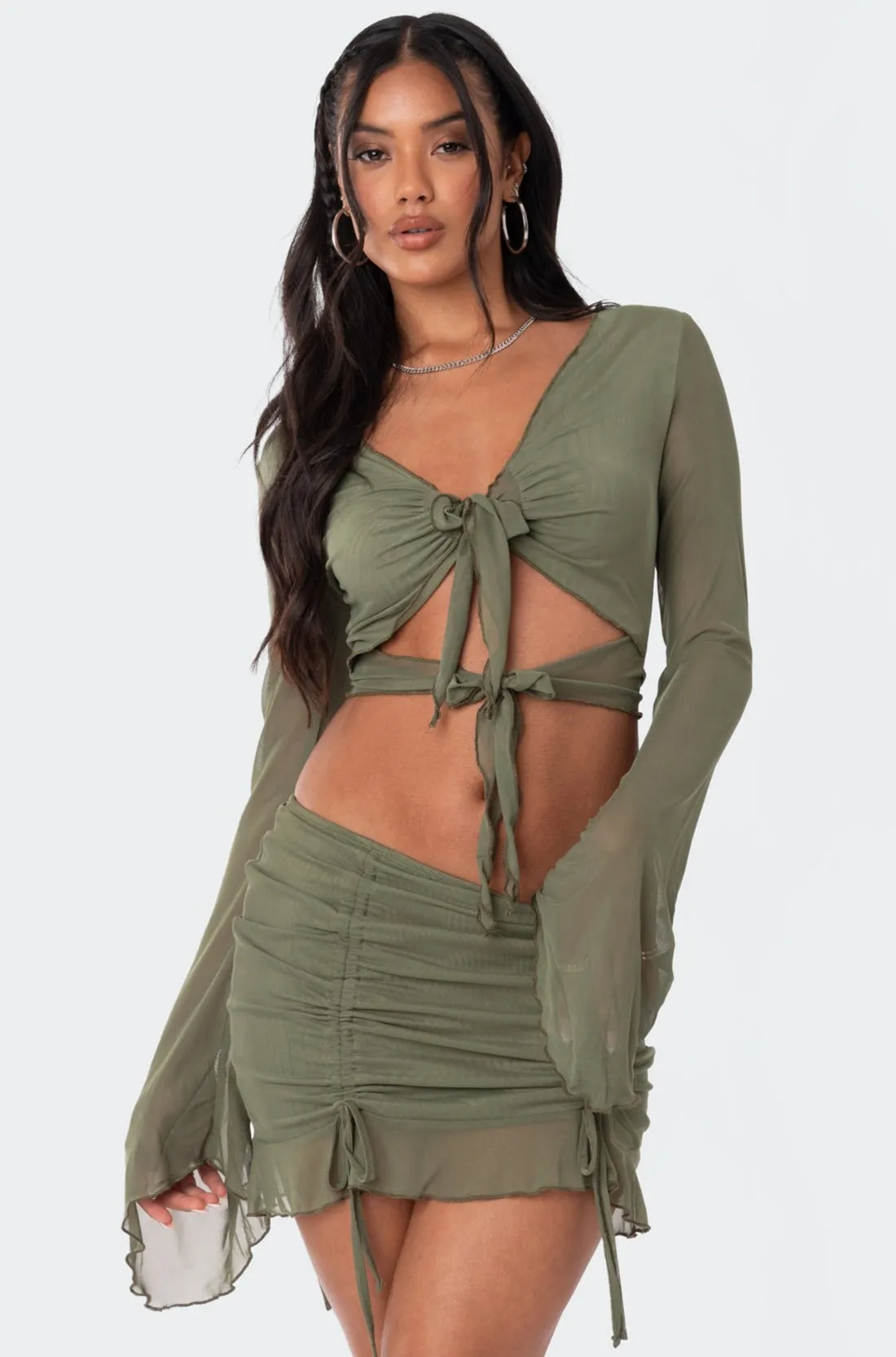 Indigo Tie Front Mesh Crop Top sold by Edikted