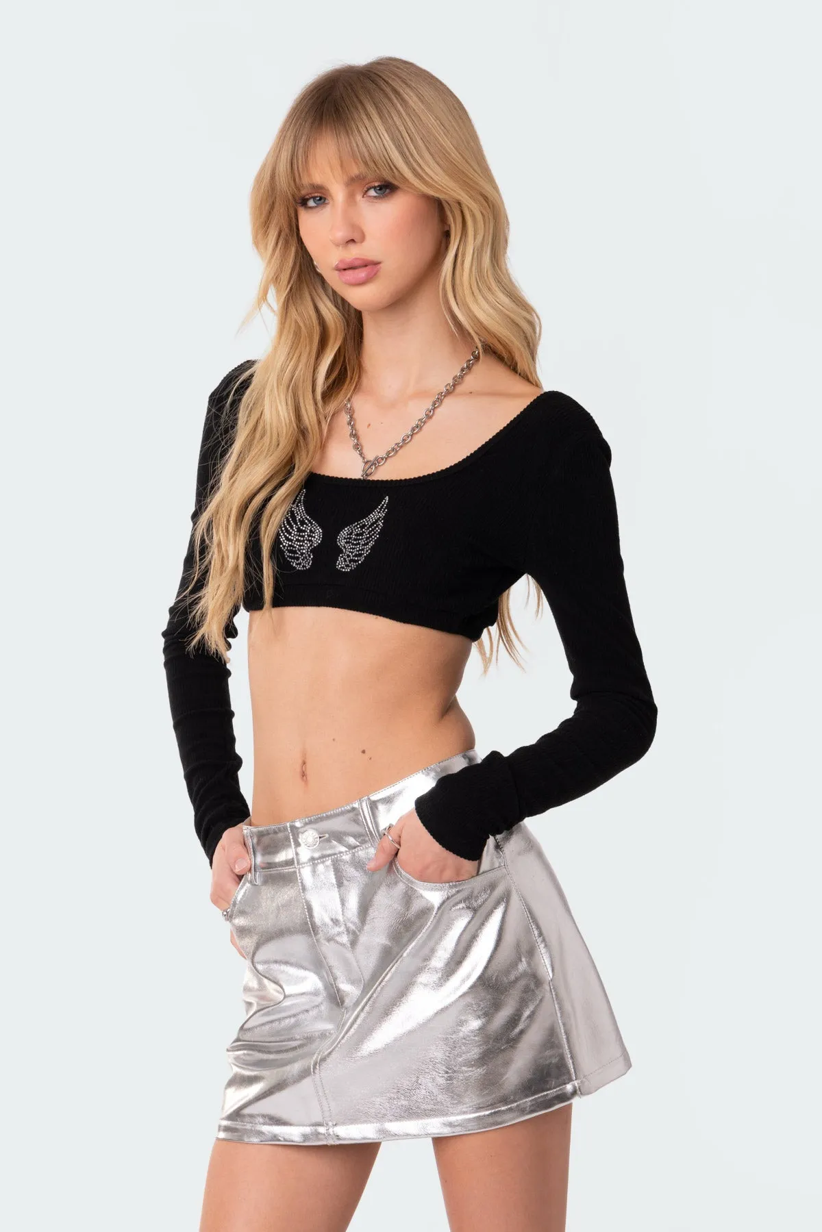 Angelic Rhinestone Ribbed Open Back Crop Top sold by Edikted