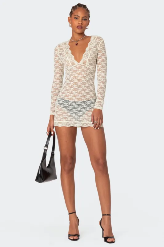 Beck Plunge Neck Sheer Lace Mini Dress sold by Edikted