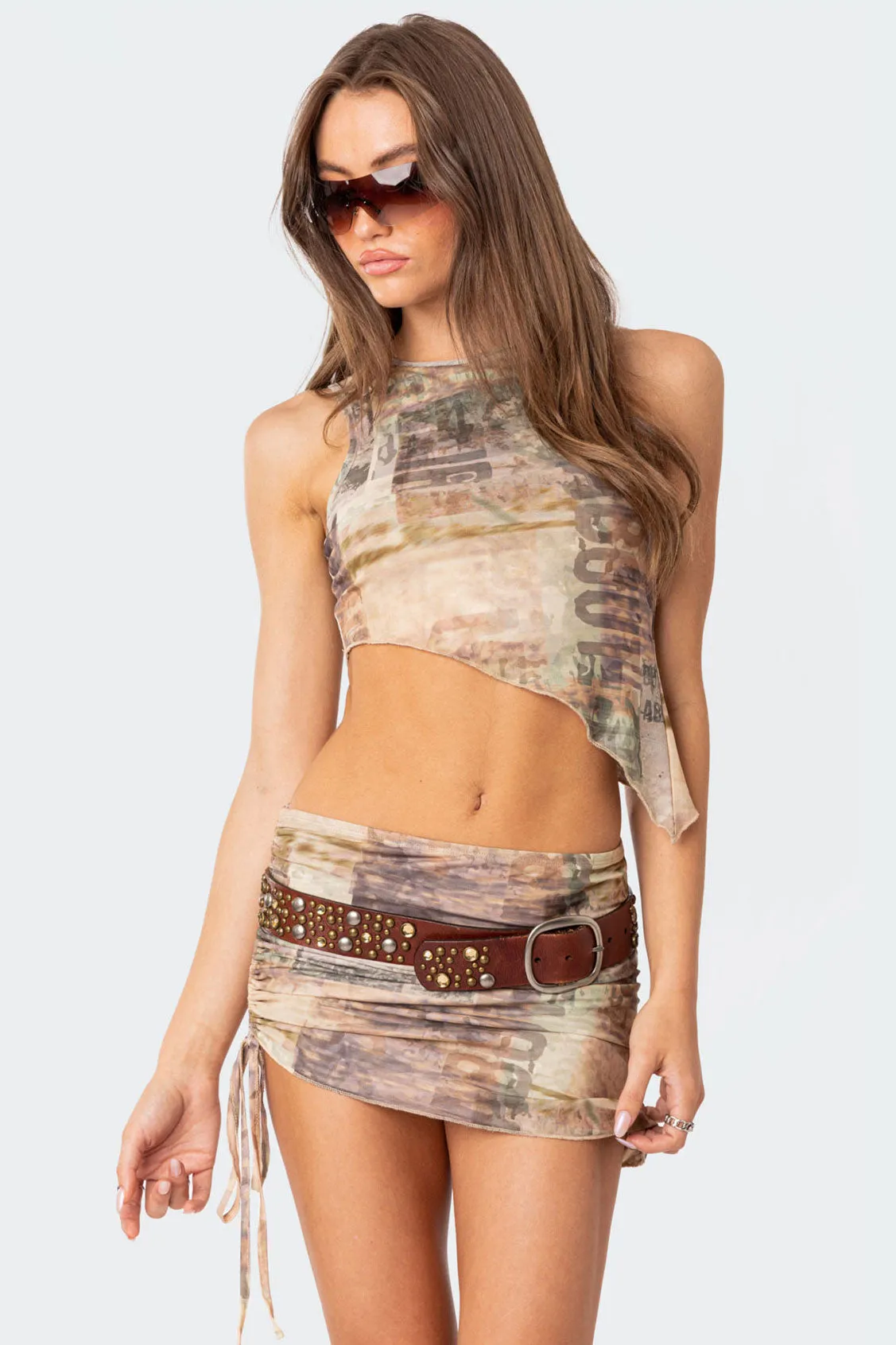 Boa Mesh Asymmetric Printed Top sold by Edikted