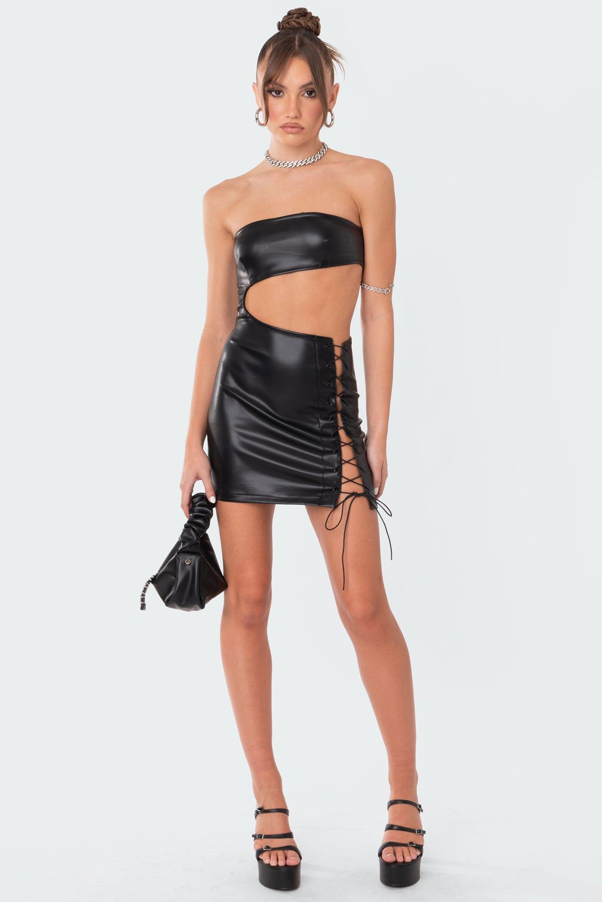 Faux Leather Side Lace-Up Dress sold by Edikted