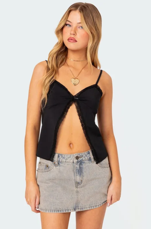 Lace Trim Split Front Top sold by Edikted