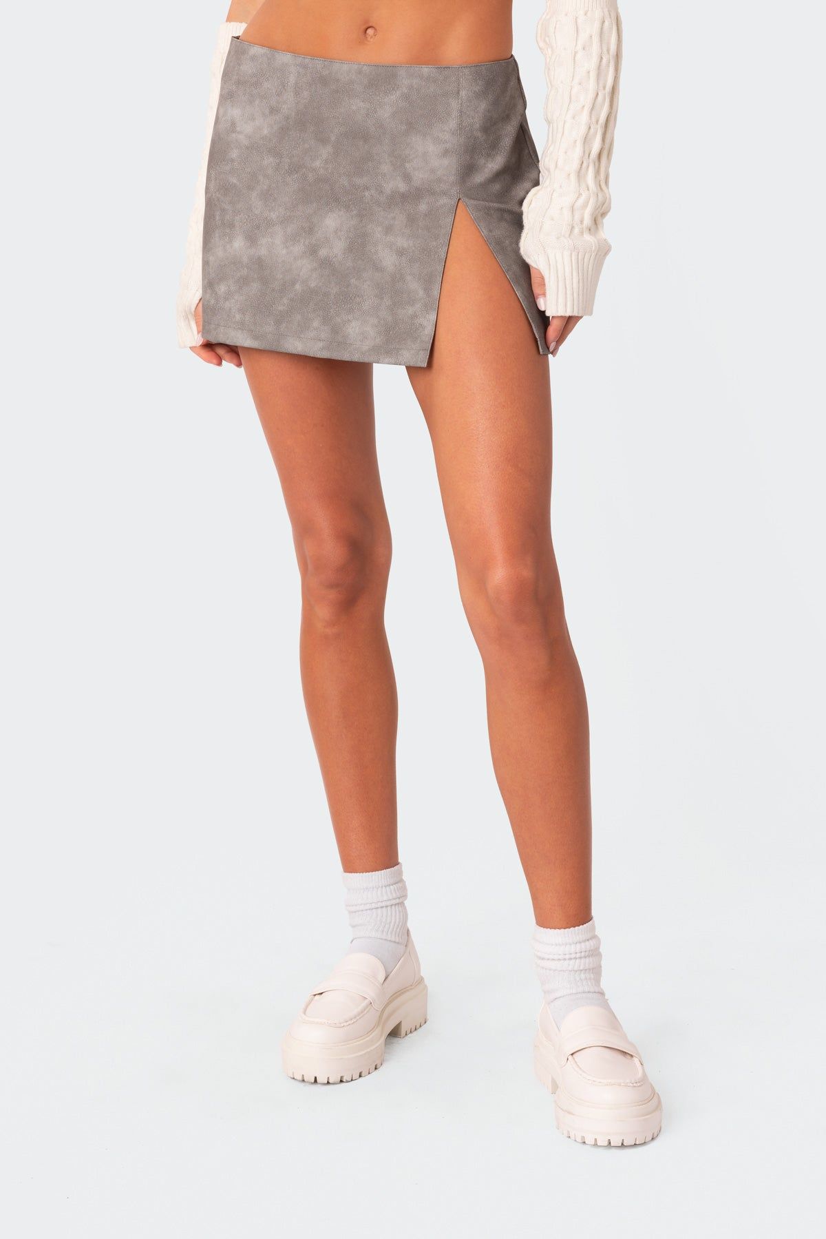 Faded Low Rise Faux Leather Mini Skirt sold by Edikted product image thumbnail 2