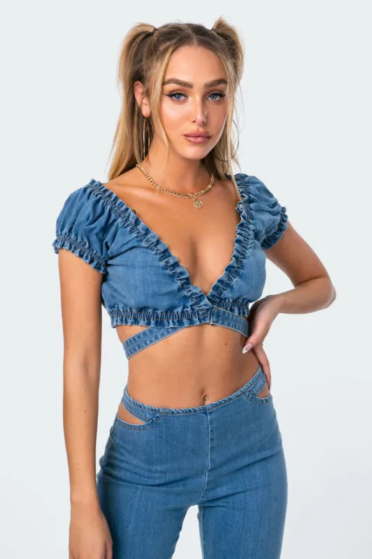 Miley Denim Crop Top sold by Edikted