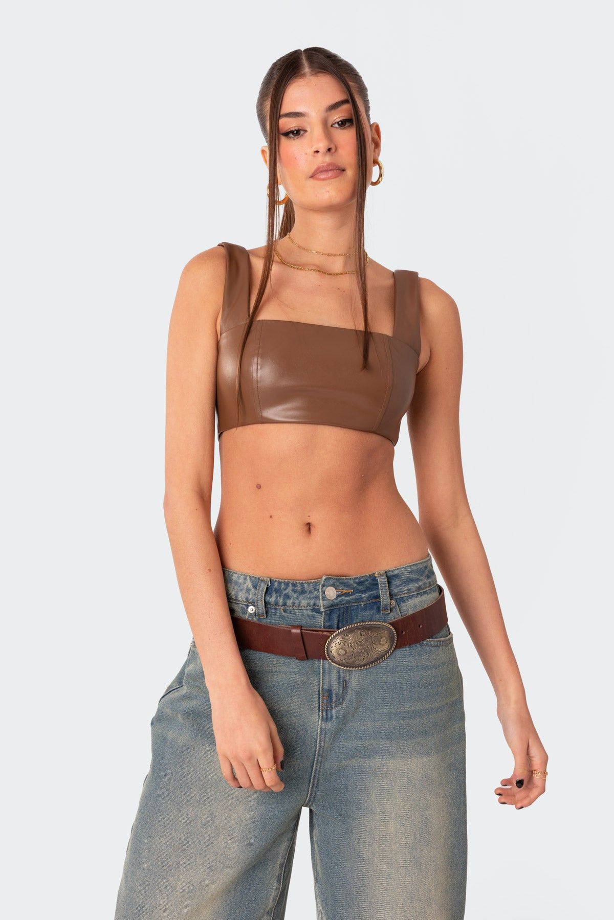 Midnight Faux Leather Crop Top sold by Edikted