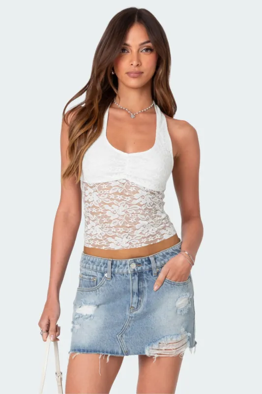 Tia Sheer Lace Halter Top sold by Edikted