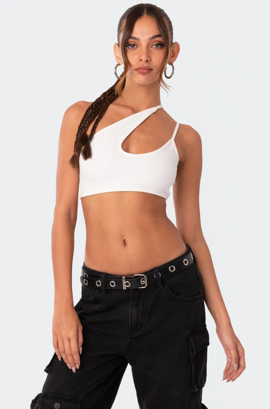 Asymmetrical Ribbed Cut Out Crop Top sold by Edikted
