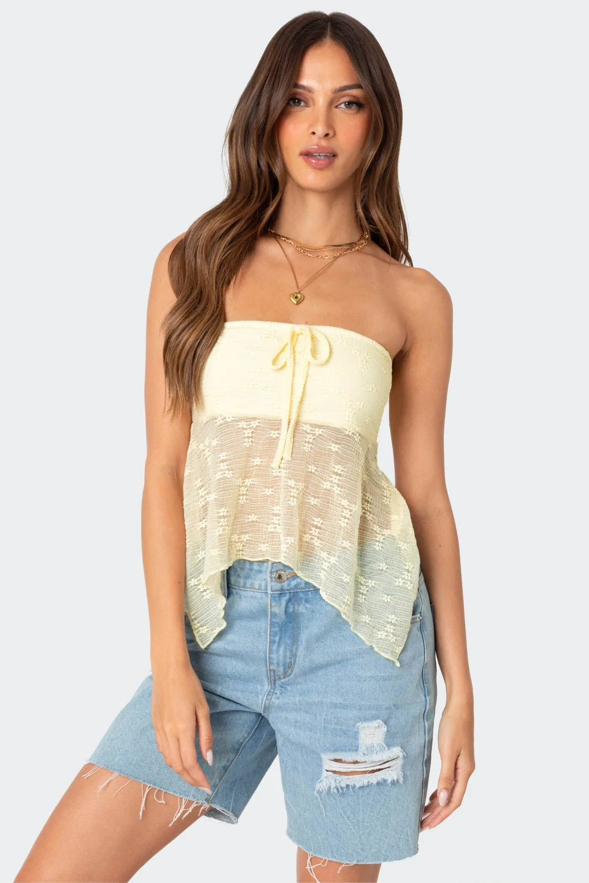 Embroidered Sheer Strapless Top sold by Edikted
