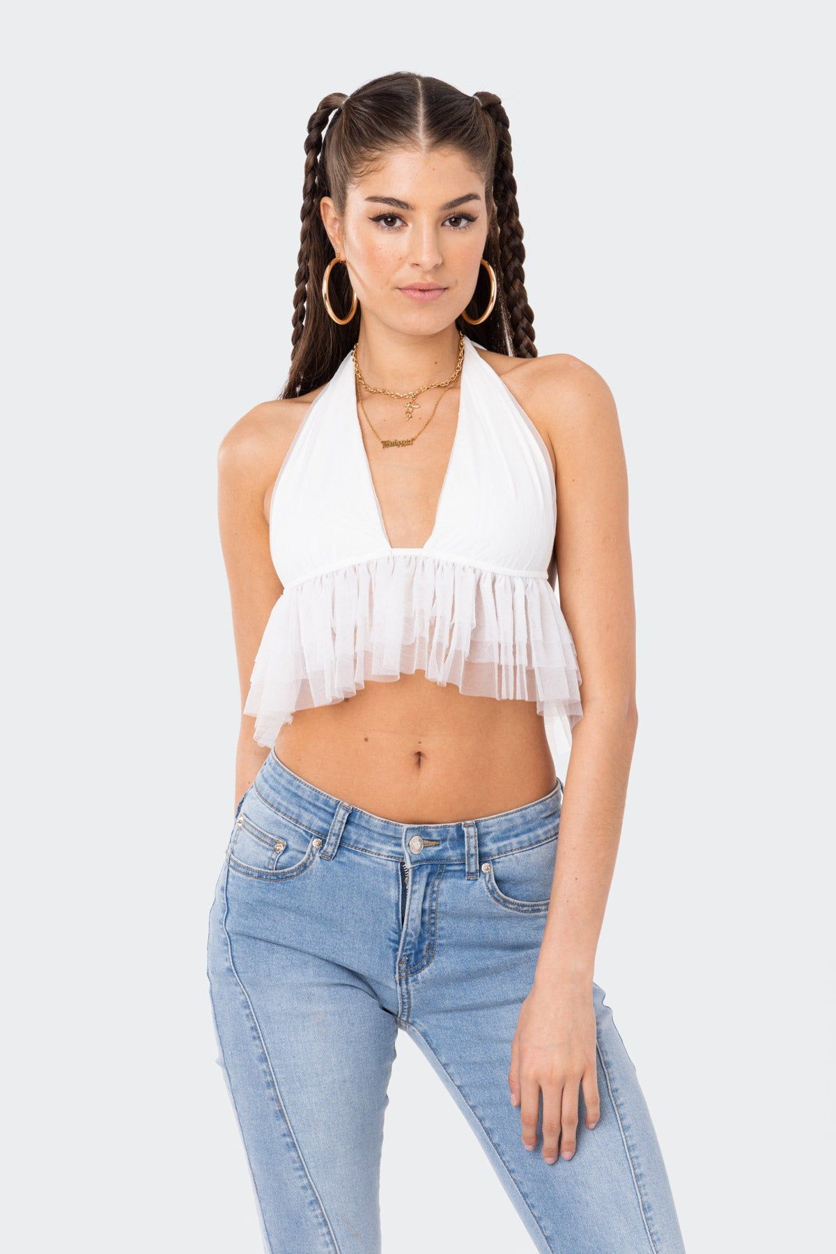 Paola Halter Mesh Ruffle Top sold by Edikted