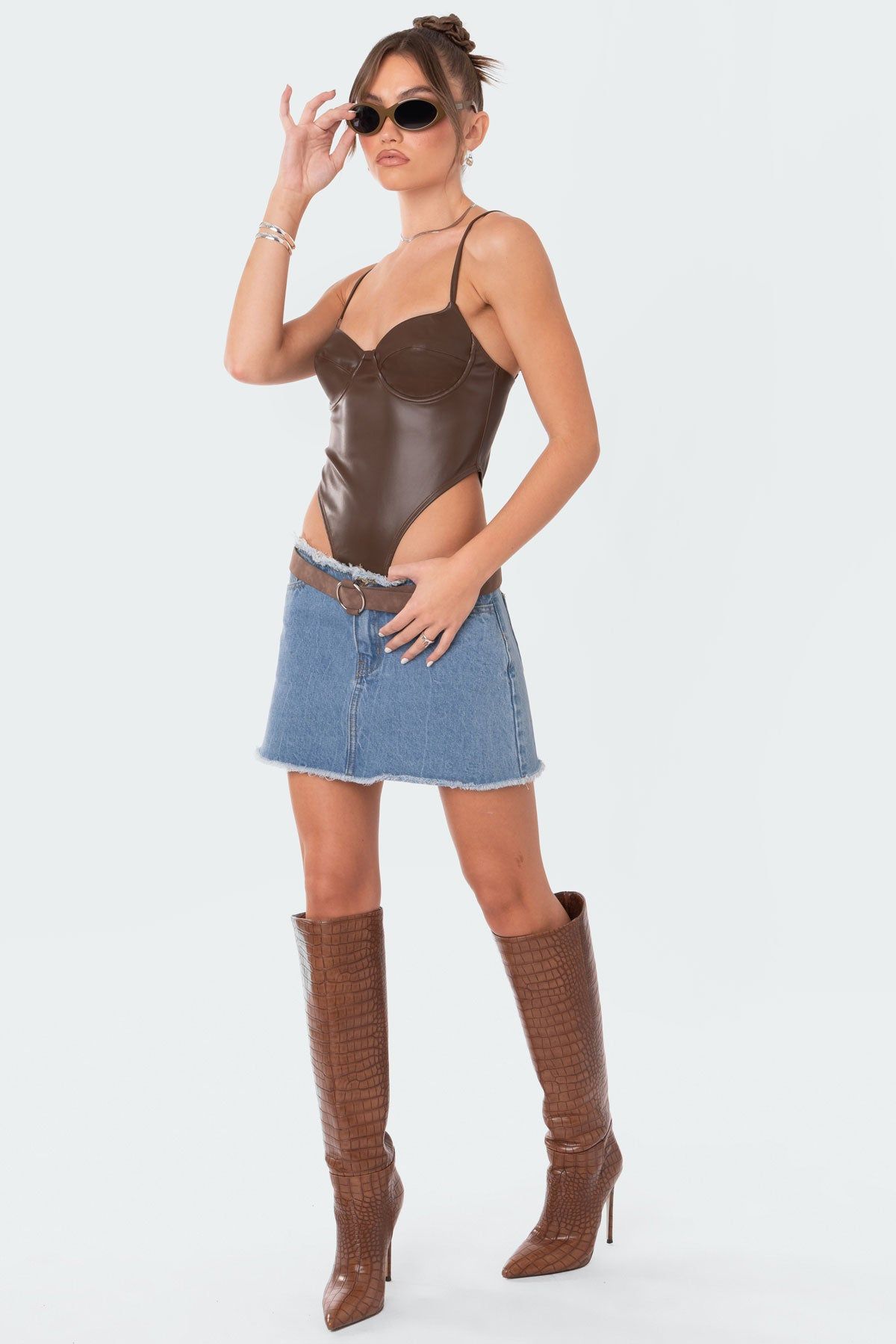 High-Cut Faux Leather Cupped Bodysuit sold by Edikted product image thumbnail 3