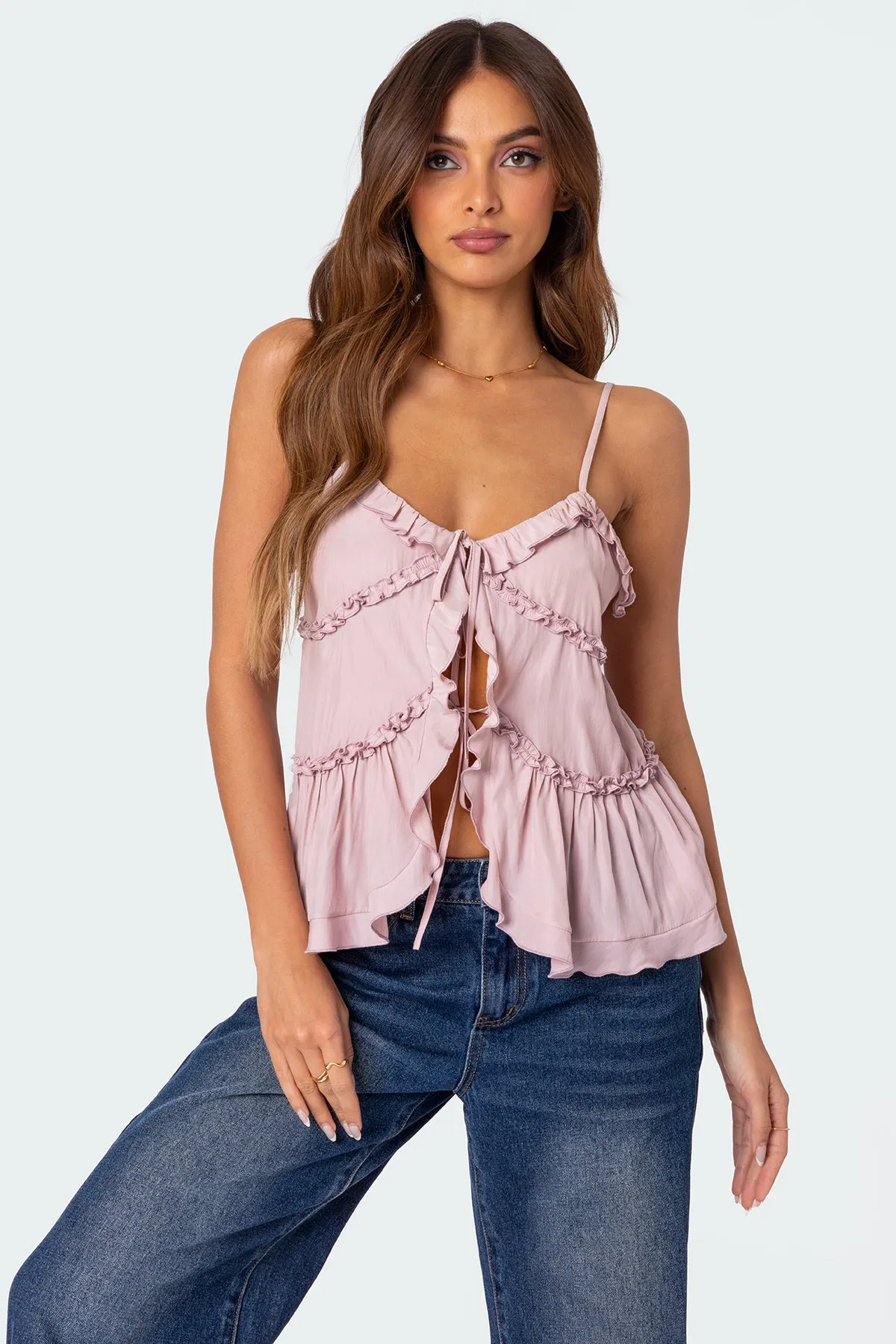 Juniper Tie Front Ruffled Top sold by Edikted