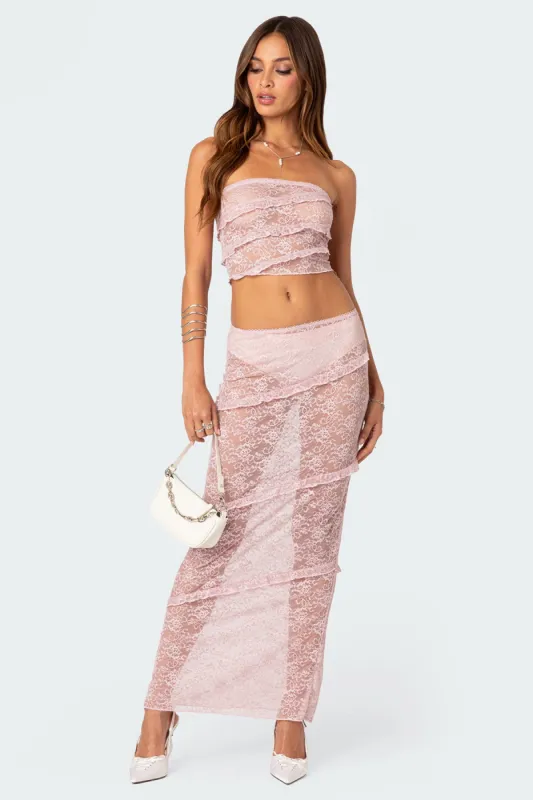 Myra Sheer Lace Ruffle Maxi Skirt sold by Edikted