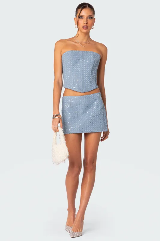 Icing sequined denim mini skirt made by Edikted