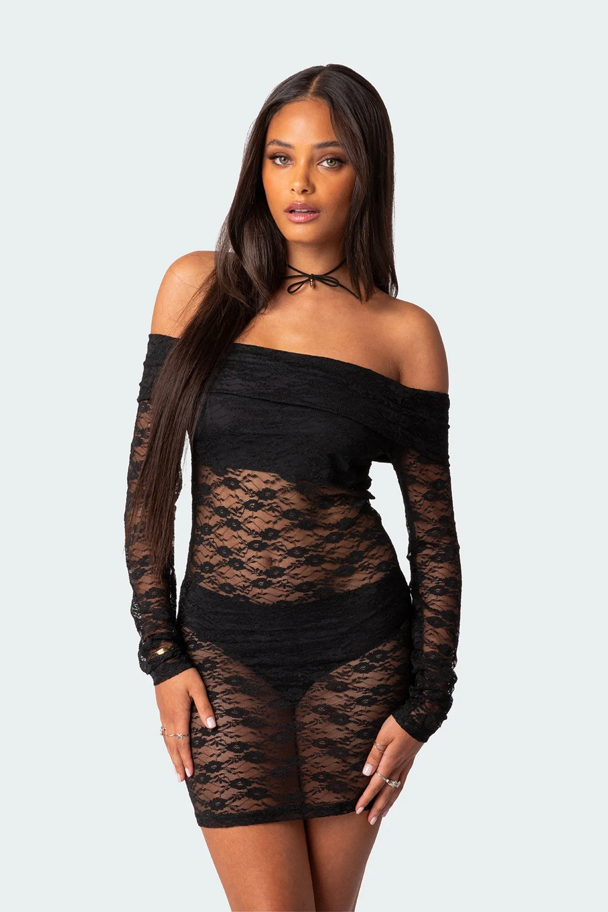 Halle Sheer Lace Mini Dress sold by Edikted