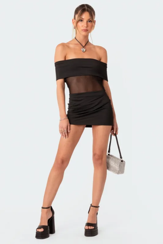 Fallon Foldover Half Sheer Mesh Mini Dress sold by Edikted
