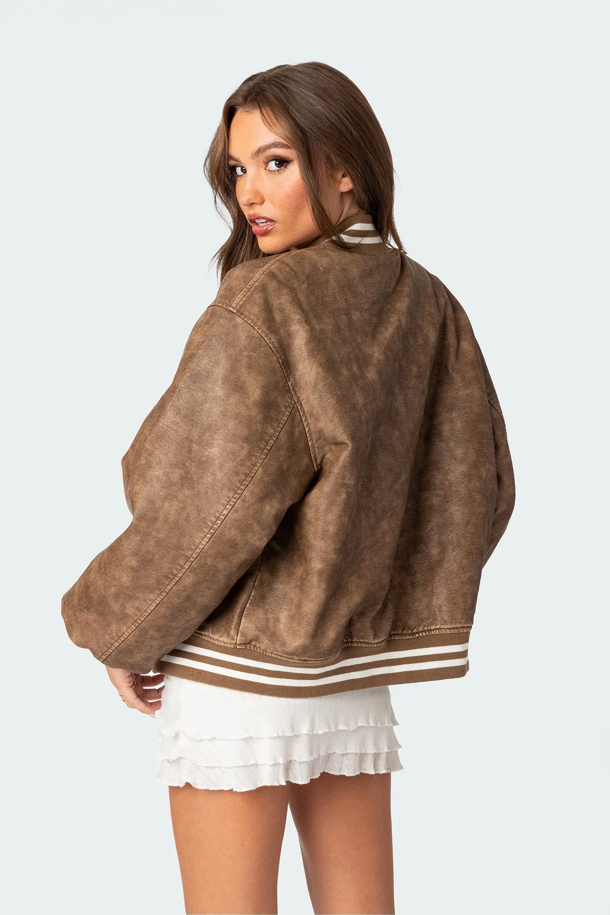 Washed Faux Leather Bomber Jacket sold by Edikted product image thumbnail 4