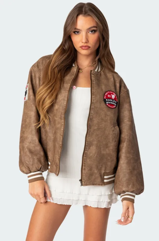 Washed Faux Leather Bomber Jacket sold by Edikted
