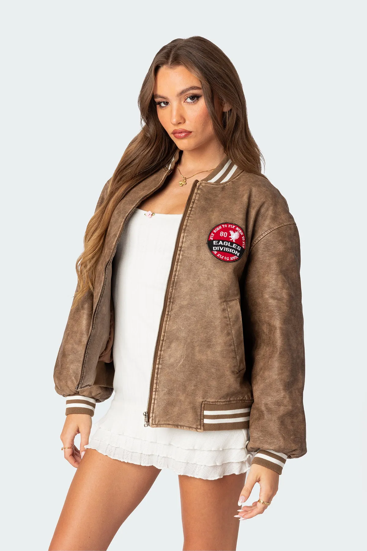 Washed Faux Leather Bomber Jacket sold by Edikted product image thumbnail 3