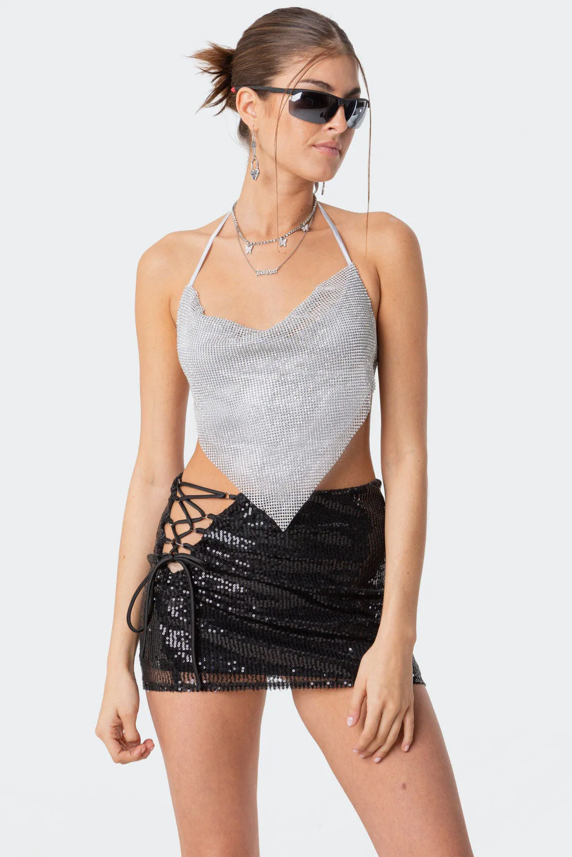 Diamond Rhinestone Cowl Necktop sold by Edikted